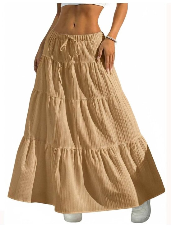 Dresses & Skirts - Women's Boho Flowy Khaki Maxi Skirt Flared Ruffle A Line Spring Long Skirts